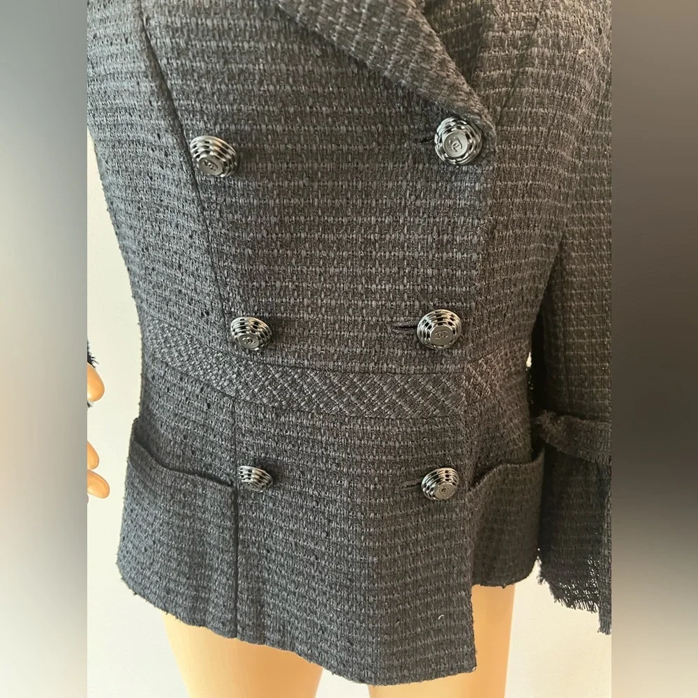 Chanel New CC Camellia Buttons Black Tweed Double Breasted Jacket size 44